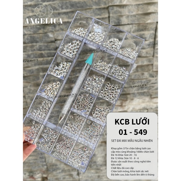 Khay đá chân bằng 01-549 Angelica khoảng 375 viên đá TRẮNG nhiều kiểu tặng kèm bút đính đá (Khay) gắ