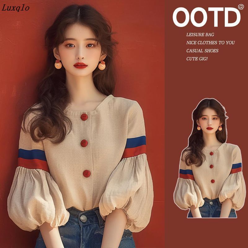 Luxqlo Korean Shirt Women Fashion Loose Vintage Blouse New Design 3/4 Sleeve Tops ราคา 233 บาท*ส่งฟรี
