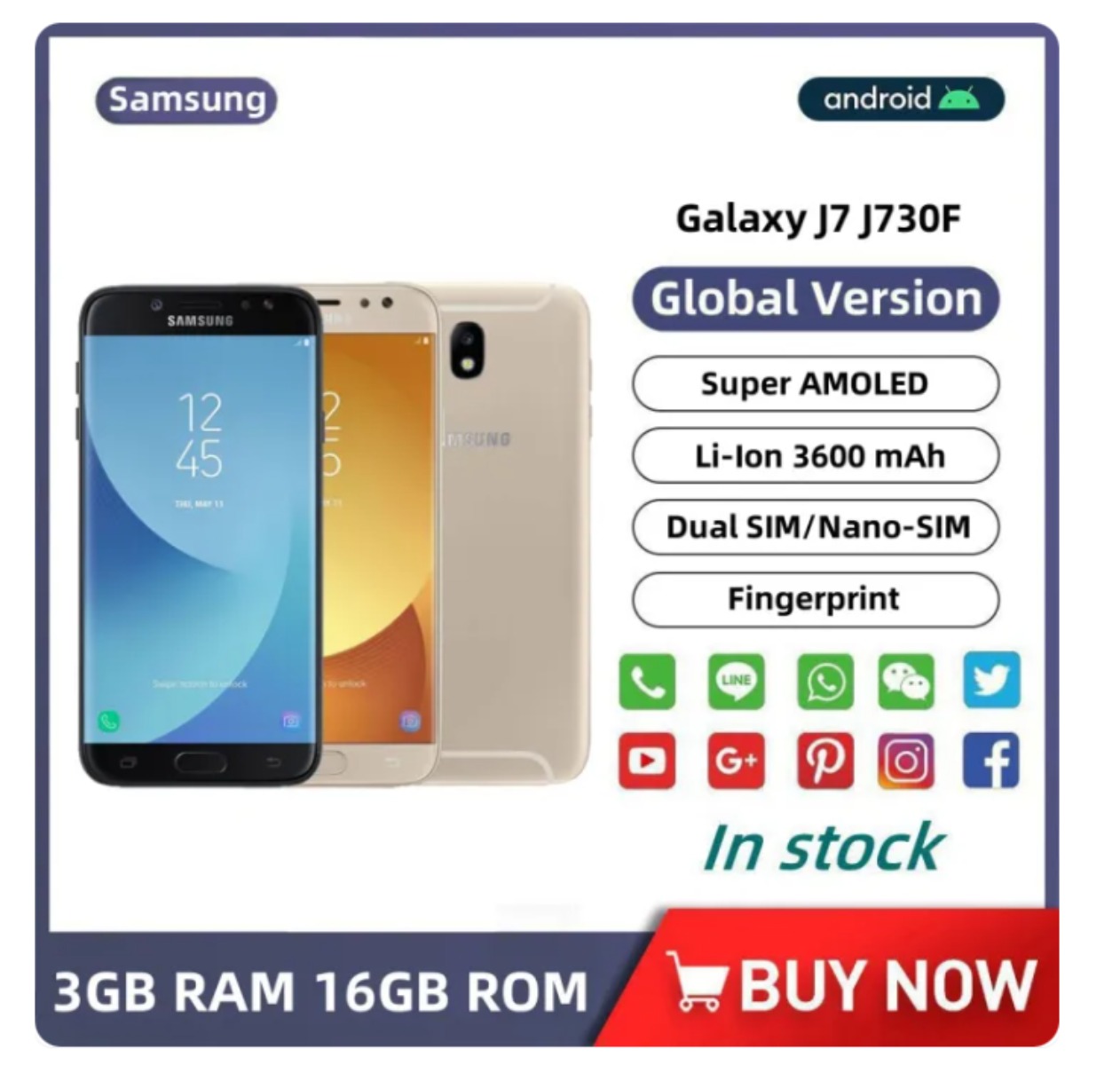 ต้นฉบับปลดล็อค Samsung Galaxy J7 J730F 5.5 นิ้ว Octa Core 3GB RAM 16GB ROM LTE 13MP กล้องสองซิม 1080P 3600mAh Android โทรศัพท์มือถือ ราคา 2,915 บาท*ส่งฟรี