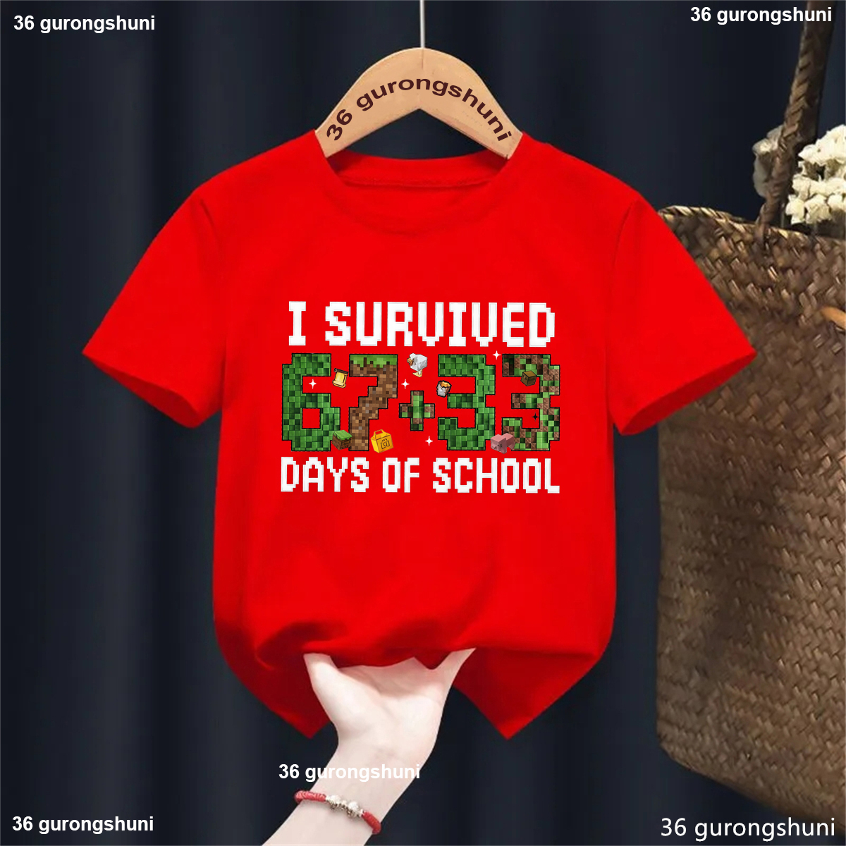 I Survived 100 Days Of School Printed T Shirt Girls/Boys Italian Brainrot 67 Meme T-Shirt Kawaii Kids Clothes Summer Solid Tops - 5