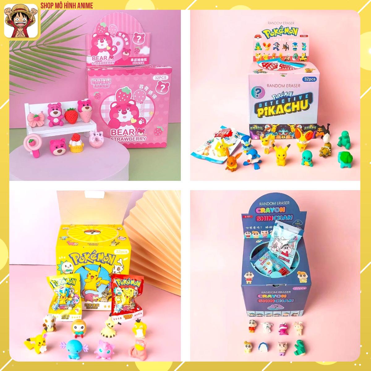 Hộp 32 Mô Hình Tẩy Bút Chì Gấu Dâu, Pokemon, Unbox Mở Quà Sưu Tầm Các Nhân Vật Ngẫu Nhiên, Đồ Chơi Quà Tặng Cho Bé
