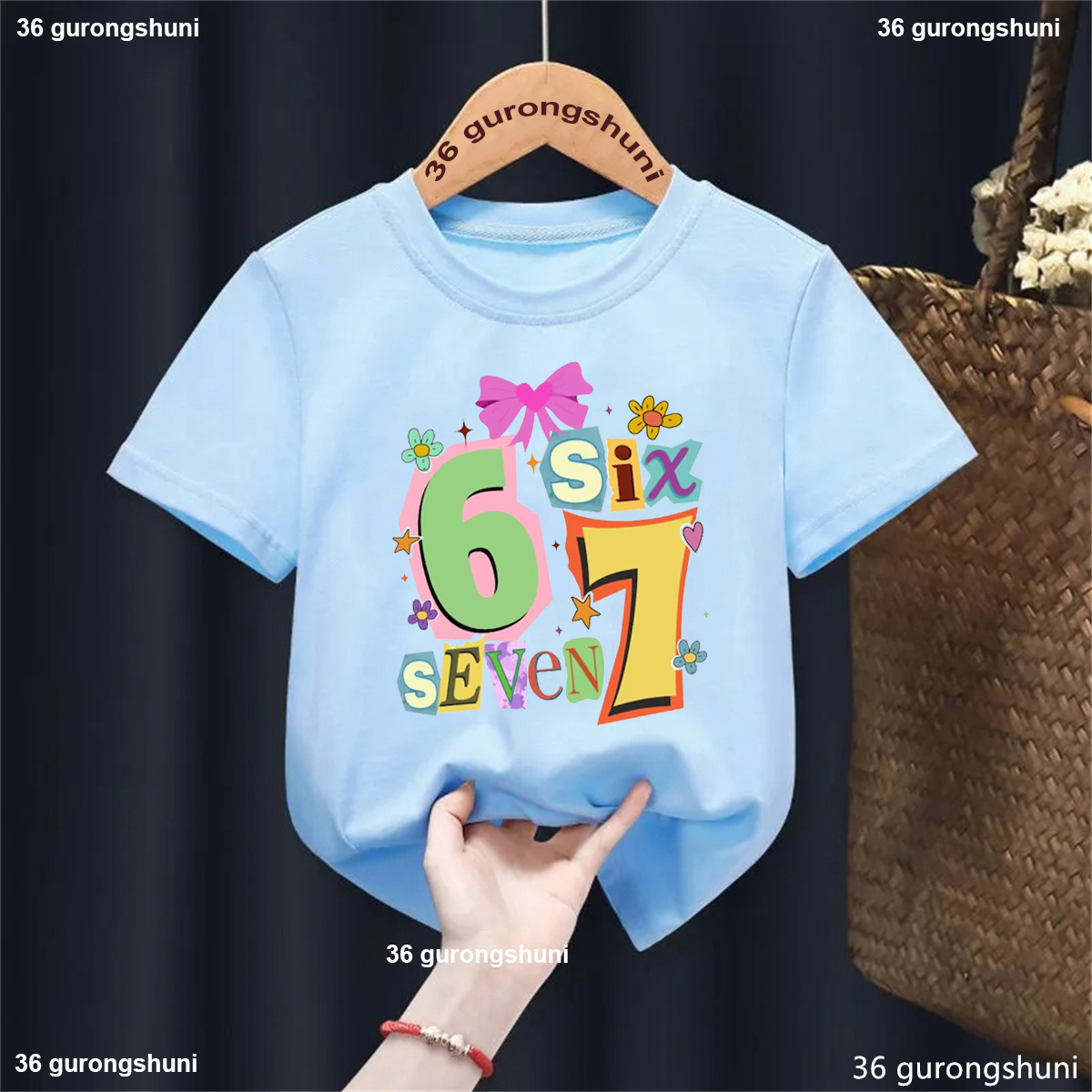 Love Six Seven 67 Flowers Bow Star Printed T Shirt Girls Kawaii Kids Clothes Summer Short Sleeve T-Shirt Solid Tshirt Tops - 7
