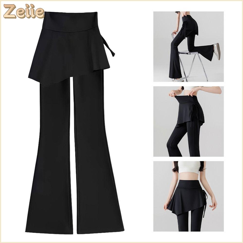 ZEIIE Vải co giãn Quần váy xòe Thiết kế thon gọn Dây rút eo Quần giả hai mảnh Vừa vặn Chống ánh sáng Quần ống loe Thực hành Yoga