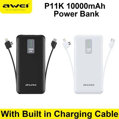 Awei P11K 10000mAh Power Bank Battery Charger with Type-C 3A + iPhone Lightning + Micro Cable Charger