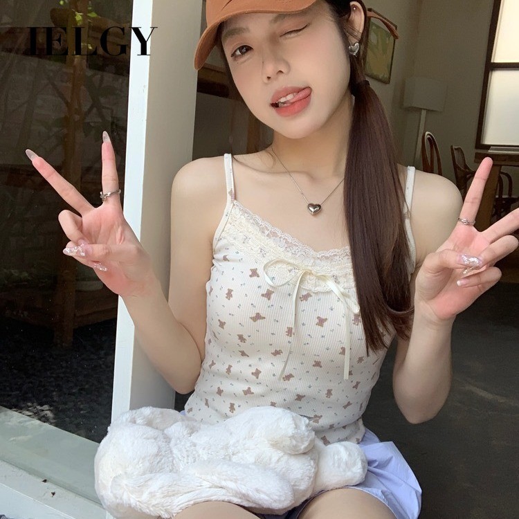 IELGY Sweet lace floral camisole vest women's slim fit short top【With chest pad】 ราคา 144 บาท*ส่งฟรี