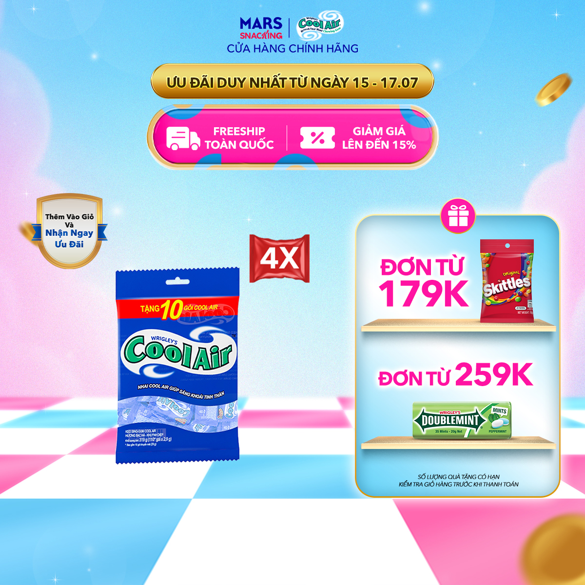 [400 gói tặng 40 gói] Combo 4 Túi Kẹo Candy Sing-Gum Cool Air Hương Bạc Hà - Khuynh Diệp (400 + 40 Gói x 2 Viên Kẹo)