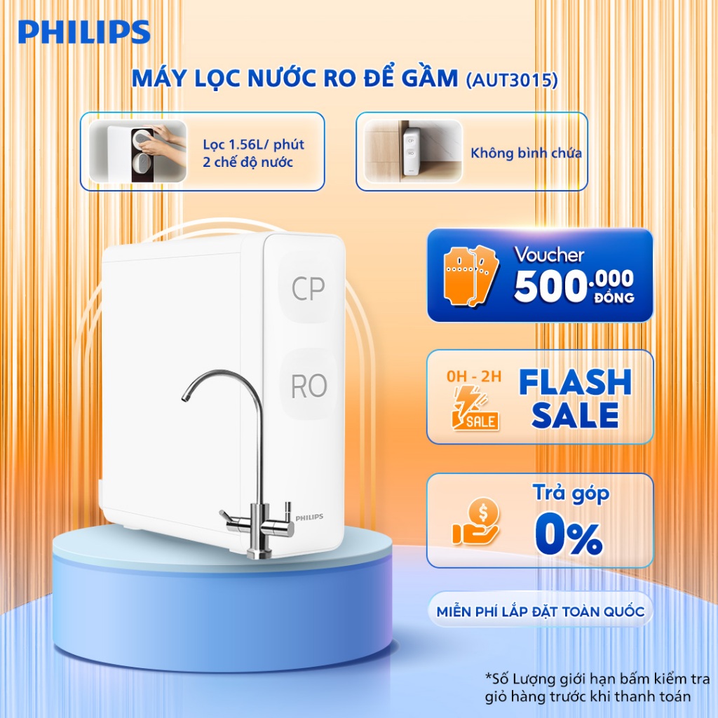 Máy lọc nước tủ bếp RO Philips AUT3015 - 02 chế độ nước - Nhỏ gọn công suất 94L/h - Miễn phí lắp đặt