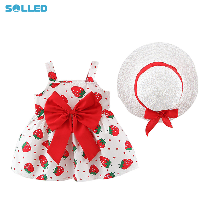 Summer Princess Dress With Hat For Girls Cute Sleeveless Strawberry Printing Dress With Bowknot For Travel Beach - ยี่ห้อ SOLLED ราคา 181 บาท*ส่งฟรี