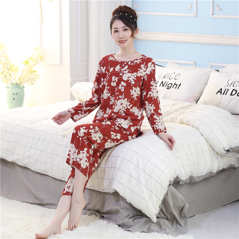 Chất liệu bông nhân tạo phù hợp với phụ nữ mùa hè Vải bông nguyên chất cỡ lớn Pijama lụa mẹ dài tay 