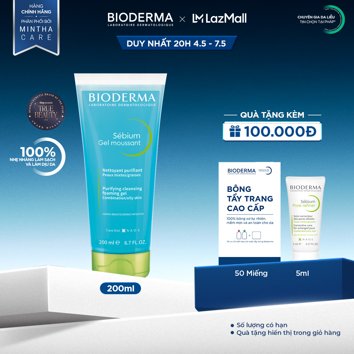 Gel rửa mặt tạo bọt cho da hỗn hợp và da dầu Bioderma Sebium Gel Moussant - 200ml (dạng tuýp)