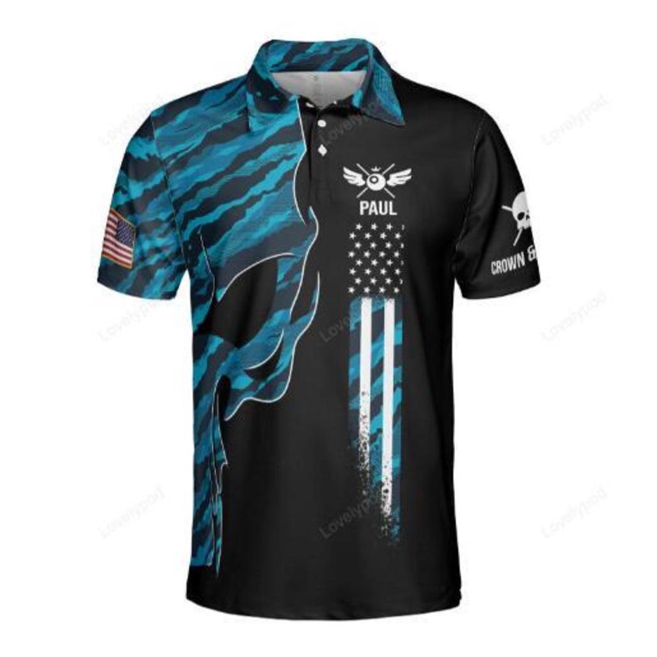 free custom-   Skull Blue Camouflage Custom Billiard  POLO SHIRT   for Men  (Free custom design)