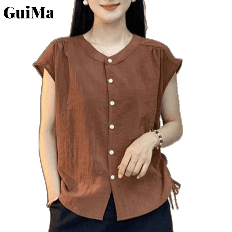 Áo tay ngắn nữ thanh lịch guima có dây rút cho mùa xuân, vừa rộng