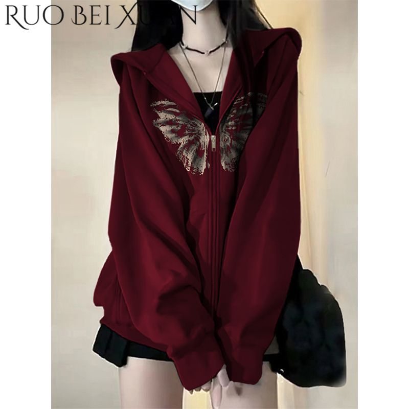Ruo Bei Xuan Boutiqu Fashion Hooded Cardigan Zipper Butterfly Print Thickened Jacket Burgundy Plush Sweater Women Autumn and Winter Jacket ราคา 145 บาท*ส่งฟรี