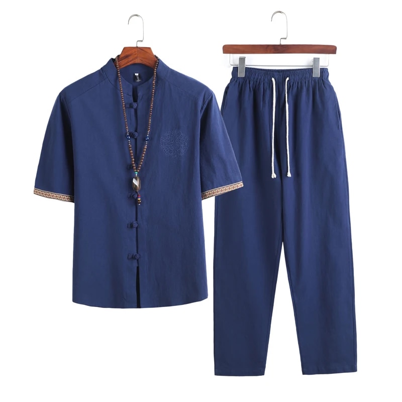 Summer Chinese Style Linen Tang Suit Traditional Clothing Men Shorts Tai Chi Uniform Retro V-Neck Short Sleeve Shirt Pants Set