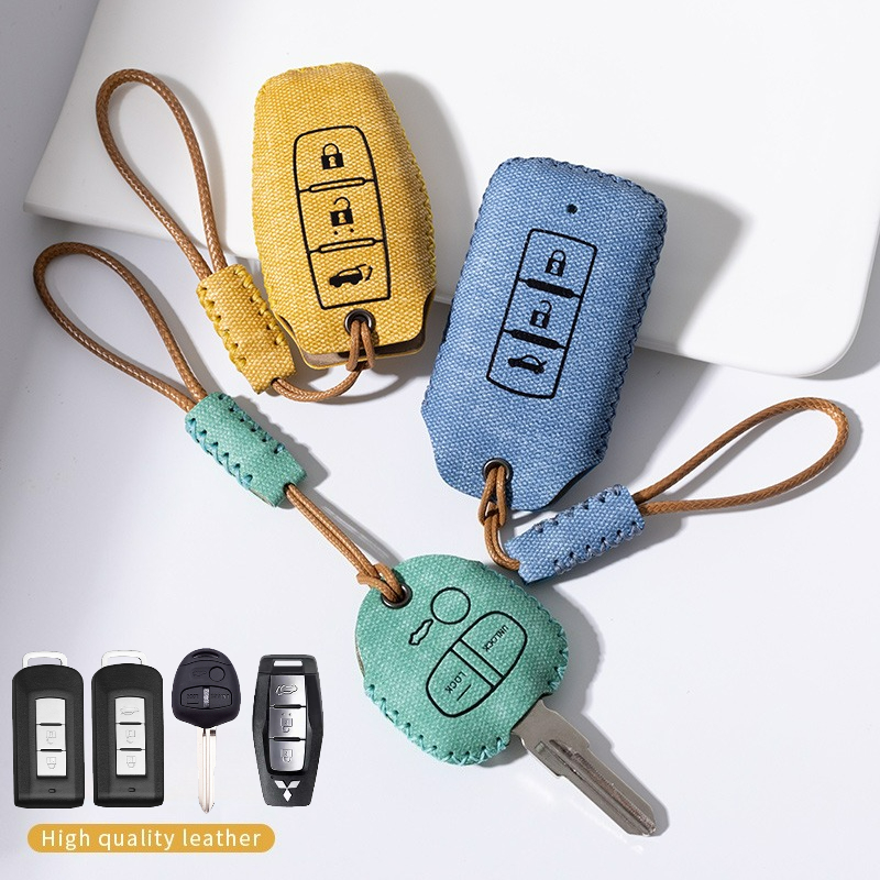 Denim Grain Leather Smart Car Key Fob Cover Case Chain Remote Shell Holder Full Protection Bag Keychain For Mitsubishi Lancer ASX Mirage G4 Attrage Xpander Cross Outlander Pajero Montero Sport Strada Triton L200 Galant ราคา 180 บาท*ส่งฟรี
