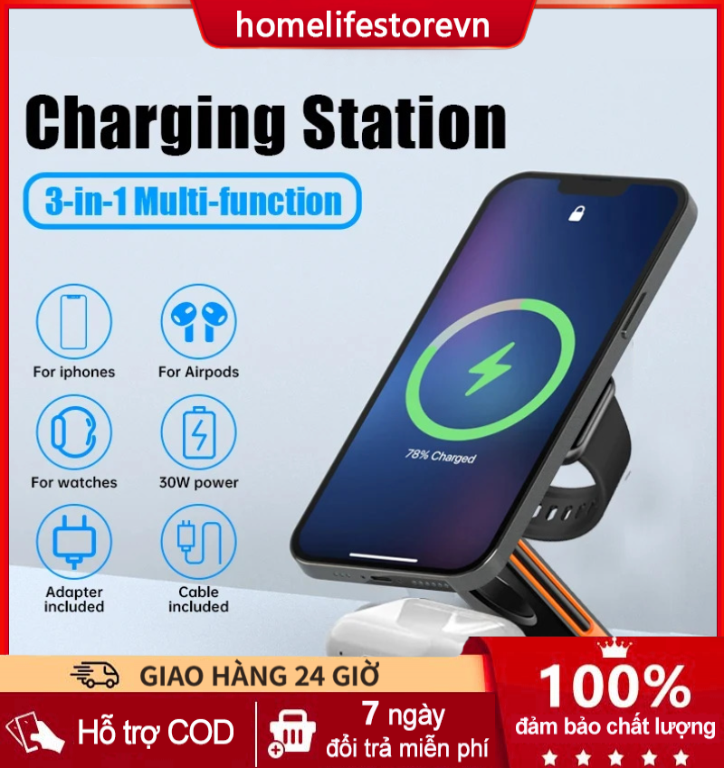 Đế sạc không dây từ tính gập lại 3 trong 1, trạm sạc tương thích với iPhone 16 15 14 13 12 Pro Max, Watch 8 7 6 Airprods