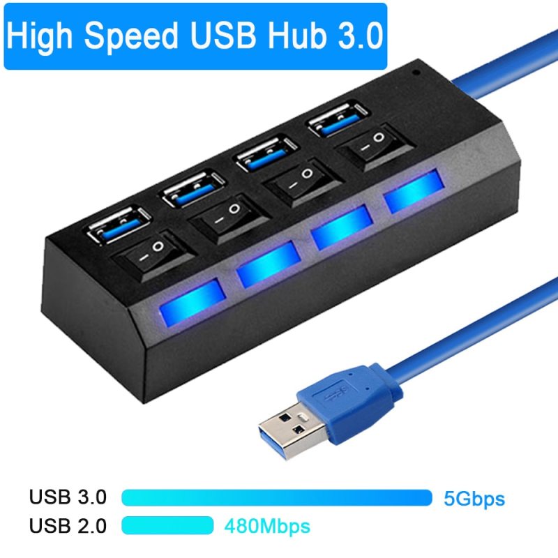 USB 3.0 Hub - 4 Port with Switch HIGH SPEED data transfer USB 3 Hub four ports dock with USB3.0 cable 0.5m. Ultra fast speeds | with BLUE colour as LED indicator | LOCAL SELLER FREE POSTAL MAIL SUPERFAST DELIVERY