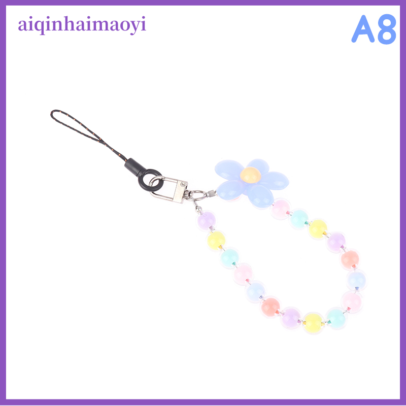 Aiqinhaimaoyi 1 chiếc Dây đeo cổ tay móc điện thoại di động hoa đính hạt tay dây buộc điện thoại di động hạt màu Macaron