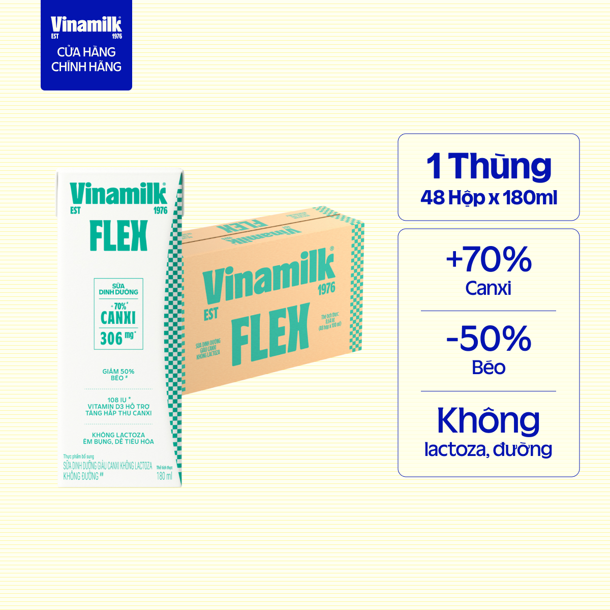 Thùng 48 Hộp Sữa tiệt trùng Flex không Lactose 180ml