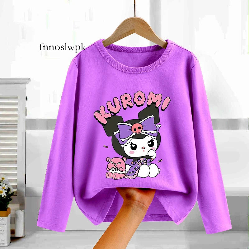 Hello Kitty Kuromi Trẻ Em T-Shirt Cotton Áo Thun Dài tay phủ nền trang phục thoải mái nam nữ Dễ Thươ