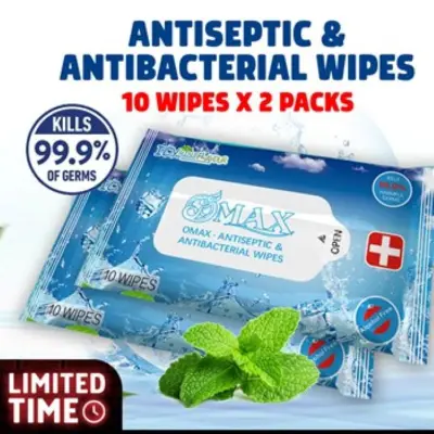 OMAX SG , 2 PACKS ANTISEPTIC-ANTIBACTERIAL WET WIPES {Free delivery apply to postal mail only),GYM , OUTDOOR, TRAVEL ,10 WIPES/ PACK,