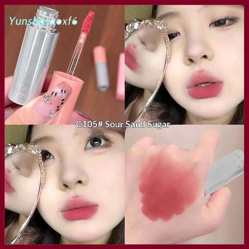 yunshataoxf Cappuvini nhung mềm môi men ánh sáng lung linh đào lỏng Son môi không thấm nước dễ dàng để mặc môi bùn kéo dài môi tint không dính cup trang điểm - 7