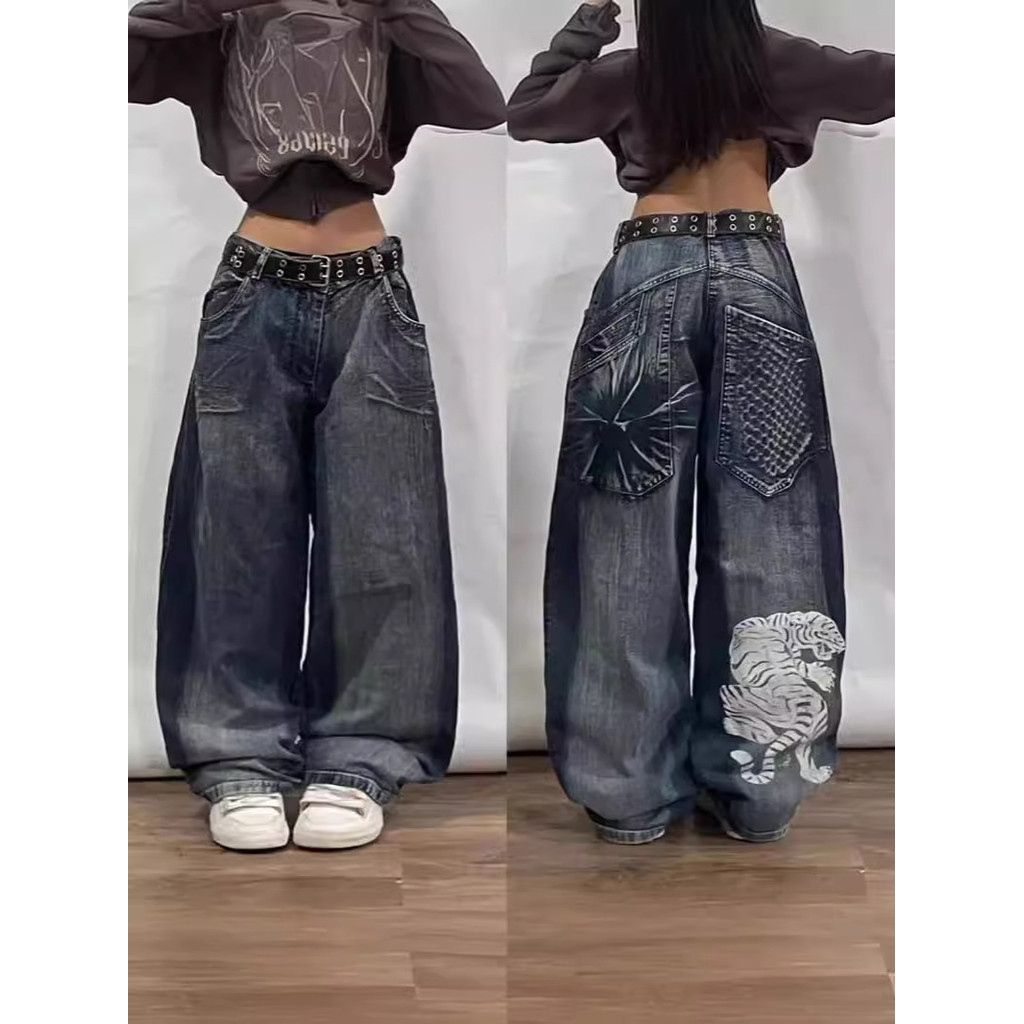 Thời trang đường phố Quần bò rộng Y2K hip hop Retro túi quần bò rộng quần đen nam PUNK ROCK eo cao q