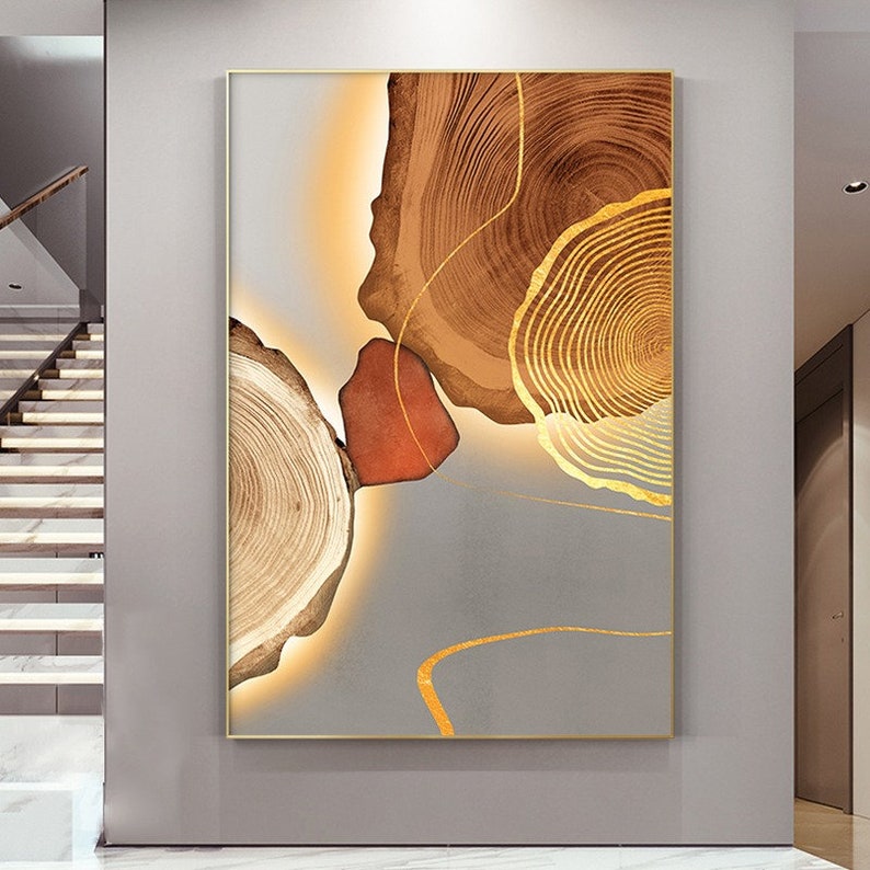 Modern Abstract Gold Foil Annual Rings Canvas Art Paintings for Living Room Bedroom Posters and Prints Luxury Golden Wall Poster 1PCS Wooden Inner Framed or Frameless (or Black Aluminum Alloy Framed)