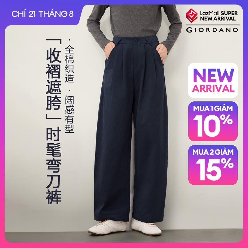 GIORDANO Women Pants Pleated Half Elastic Waist Barrel Pants 100% Cotton Loose Fit Fashionable Casual Pants 13416713