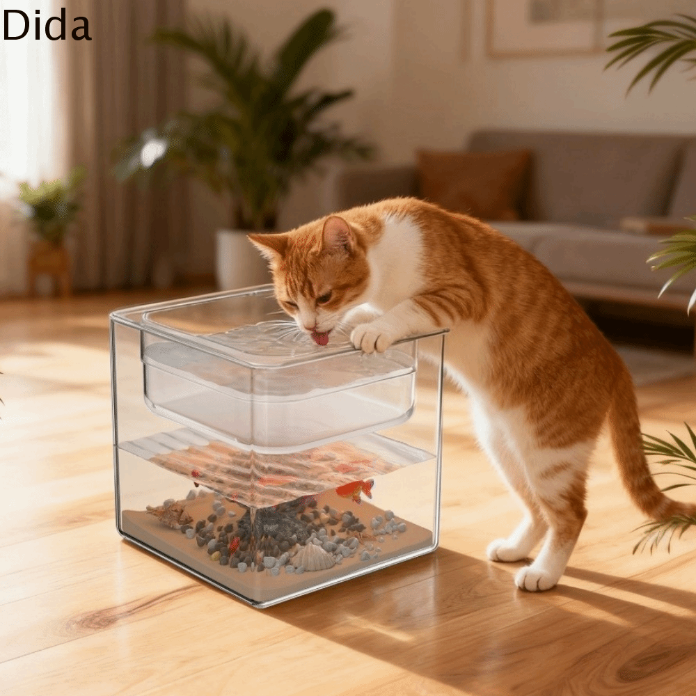 Nhựa Bể cá hai lớp Không dễ vỡ Trong suốt Bát uống nước cho mèo Đa chức năng Khối lập phương Bể cá vàng Phòng khách