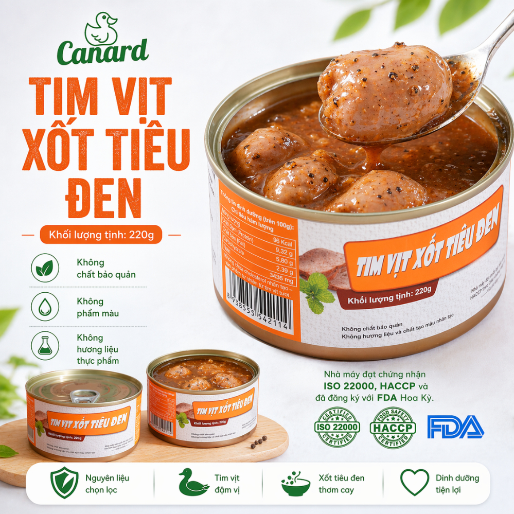 Tim Vịt Xốt Tiêu Đen Canard 220gr - Đậm Đà Vị Pháp, Không Chất Bảo Quản, An Toàn Sức Khỏe, Xốt Tiêu Đen Cay Thơm