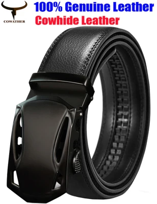 COWATHER Men Casual Dress Leather Belts - Ratchet Genuine Leather Black Belt for Men with Automatic Slide Buckle, Trims to Fit