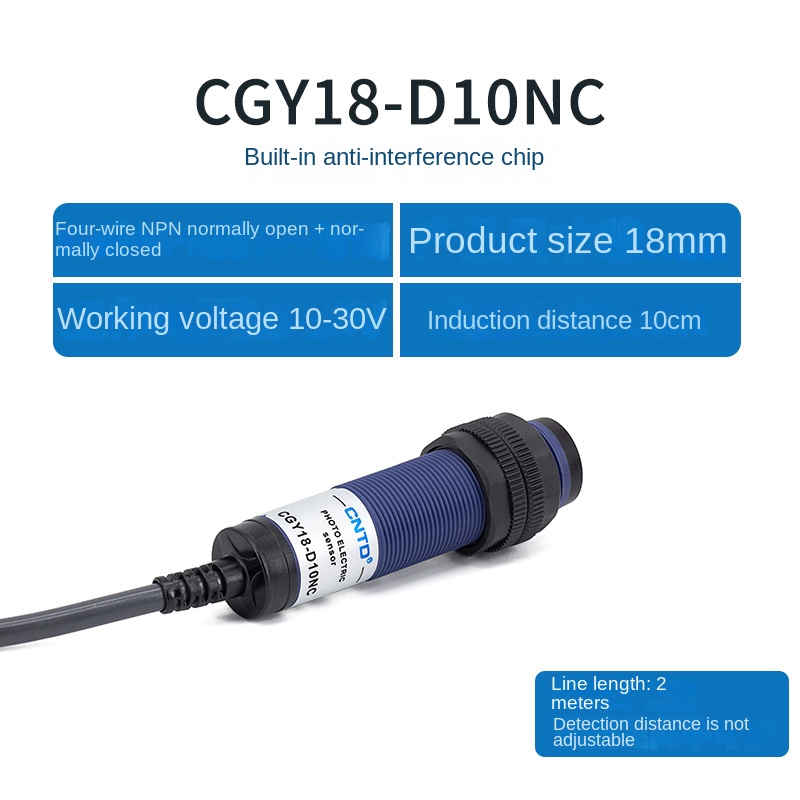 Cảm Biến Quang Điện CGY18E D10NC M18 CNTD - tùy chọn PNP/NPN Thường Mở/Thường Đóng, 3 Dây, M18, 10-30cm