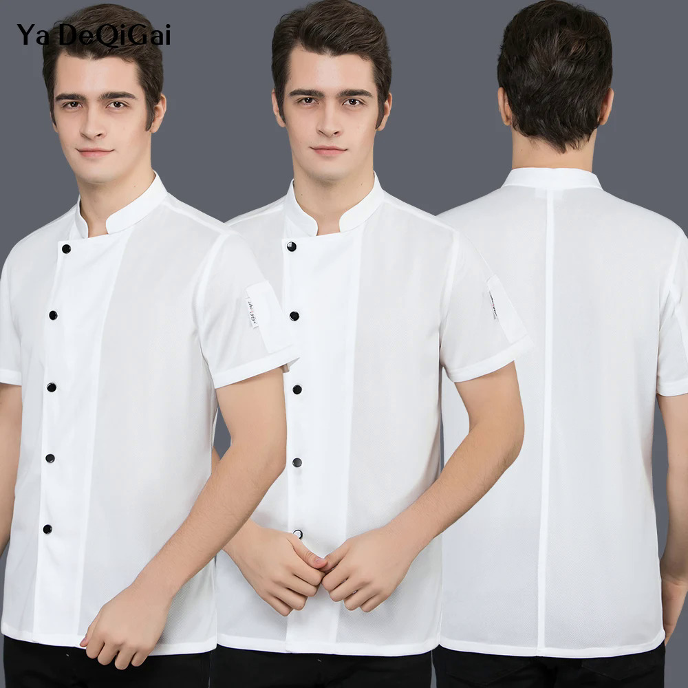 Hushdunisex lưới thoáng khí đồng phục đầu bếp ngắn tay áo đứng cổ Áo đầu bếp Áo khoác căng tin làm việc Áo khách sạn nhà hàng nhà bếp workwearkouh