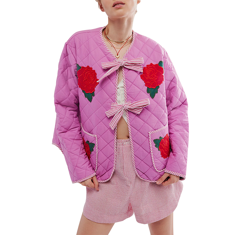 Mẹ và tôi áo khoác Jacket bông thêu hoa tay áo dài dây nơ trước Áo Khoác Cardigan