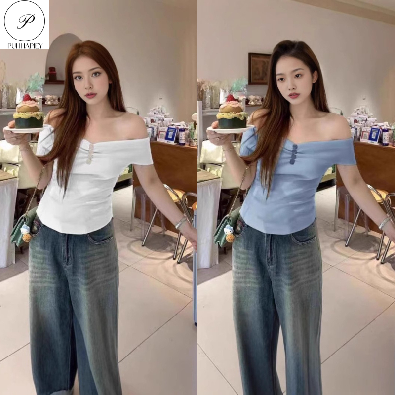 PUHHAPIEYเสื้อยืดแขนสั้นออกแบบไหล่เดียวเสื้อถักฤดูร้อนเข้ารูปอารมณ์เฉพาะกลุ่มสาวฮอตใส่แล้วดูผอมผู้หญิง ราคา 120 บาท*ส่งฟรี