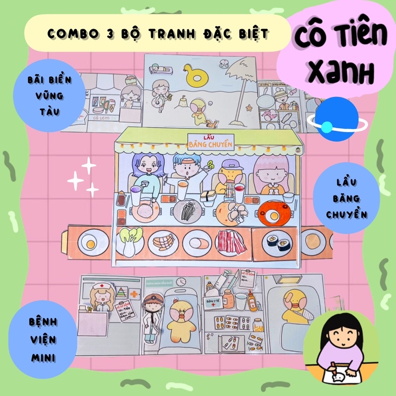Combo 3 bộ tranh đồ chơi giấy cô tiên xanh đặc biệt