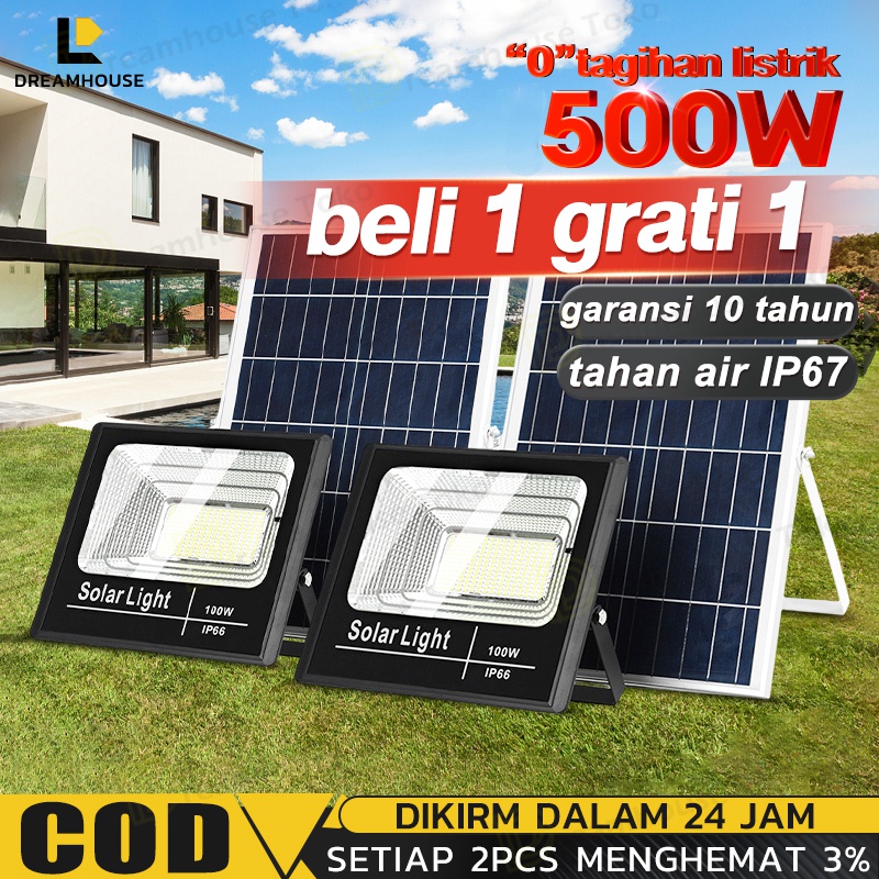 【Buy 1 Get 1 Free】Solar Powered Floodlight Waterproof Ip67 Outdoor 600W Led Solar Solar Panel Garden Light White Light Intelligent Light Control 5 Meter Cable Level Automatic Lighting in the Dark Harga 68,000 rupiah*Gratis Ongkir