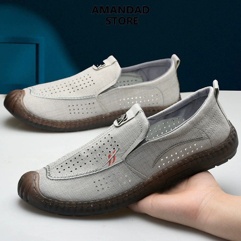 《910》QiaoYiLuo Canvas Shoes Men's Casual Shoes Old Beijing Craft Design Linen Mesh Slip-on Flat Shoes