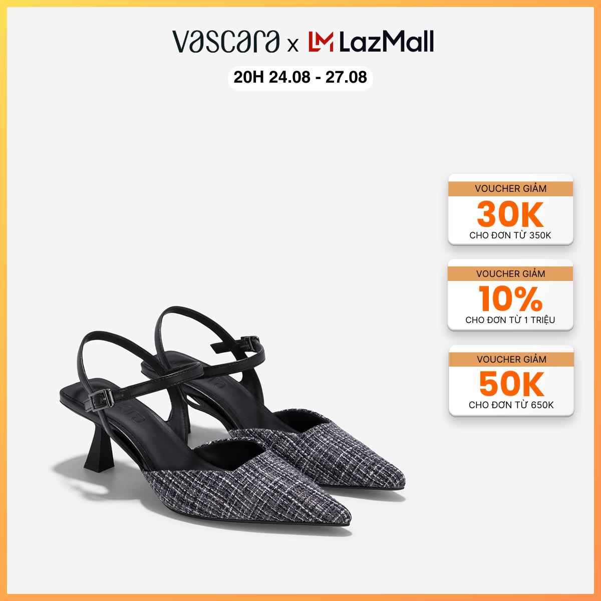 Vascara giày bít mũi nhọn kitten heel phối vải tweed - bmn 0639