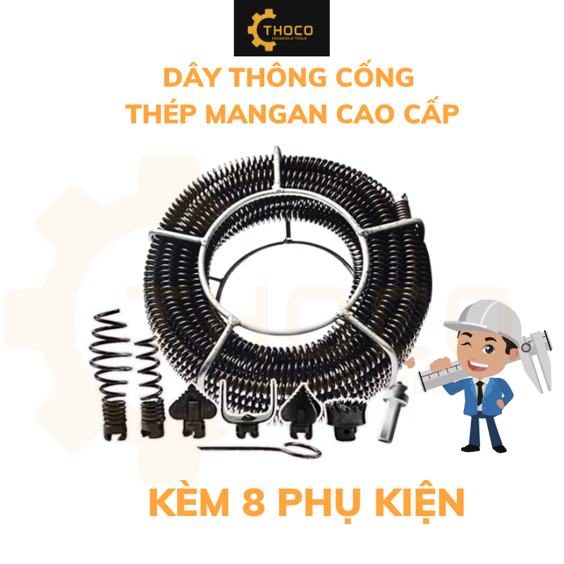 Dây thông tắc cống, cống thoát sàn thép lò xo phi 16mm dùng cho máy khoan, phù hợp đường ống từ phi 60mm trở lên thoco