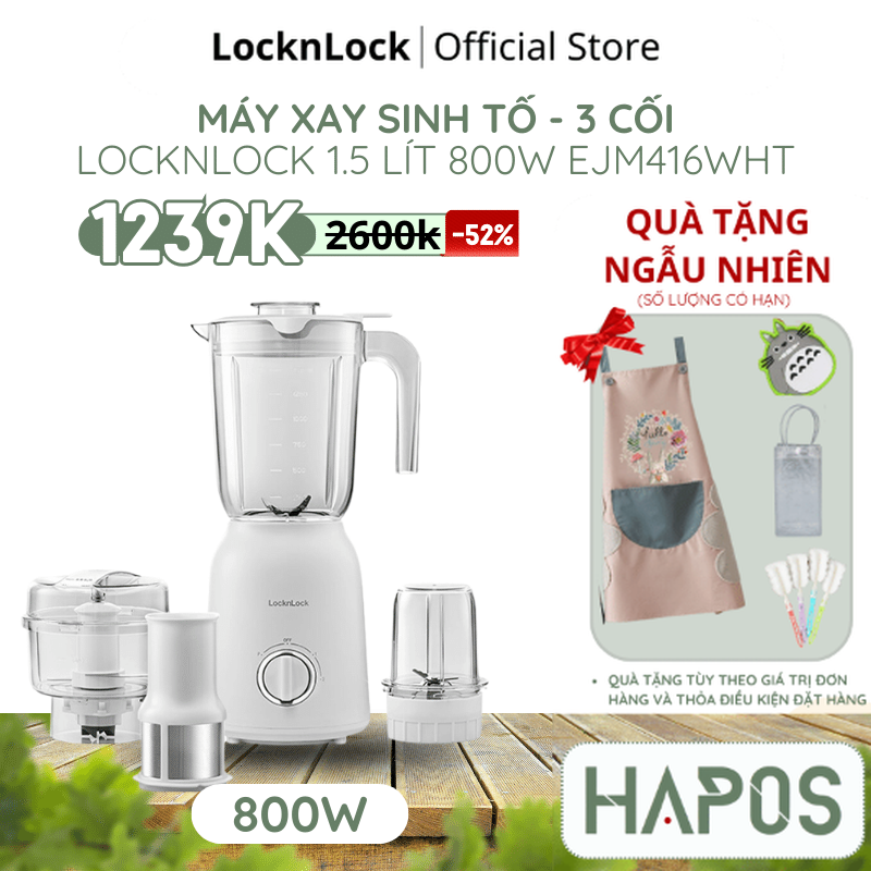 Máy xay sinh tố locknlock đa năng 1.5l ejm416wht multi blender 800w - 3 cối nghiền nhuyễn đá, có lọc bã hạt - hapos