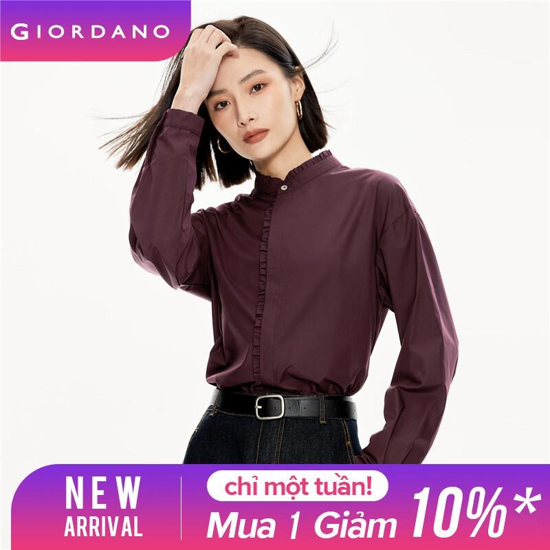 GIORDANO Women Shirts TencelLike Mandarin Collar Loose Shirts Ruffle Trims Long Sleeve Simple Fashion Casual Shirts 18343618