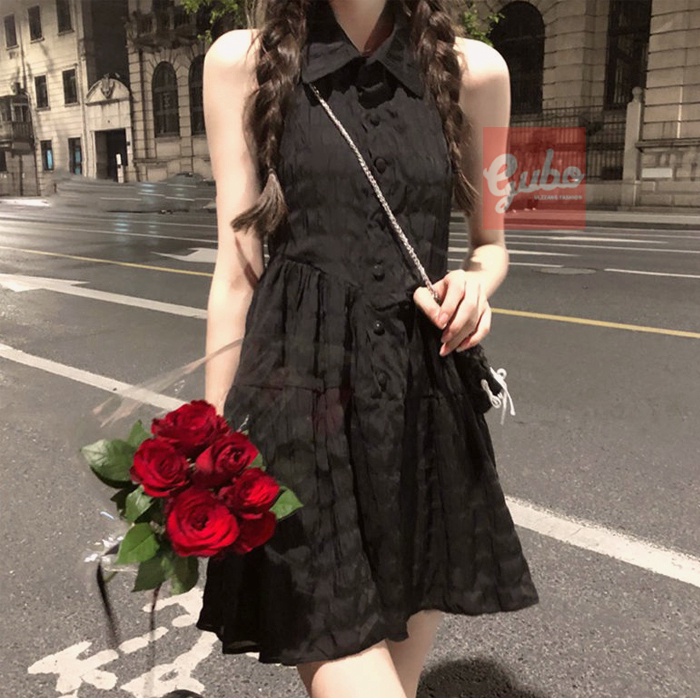 váy nữ tiểu thư lưng đan nơ  váy nữ tiểu thư màu đen nơ đen phong cách hàn quốc GUBOTTJHK1