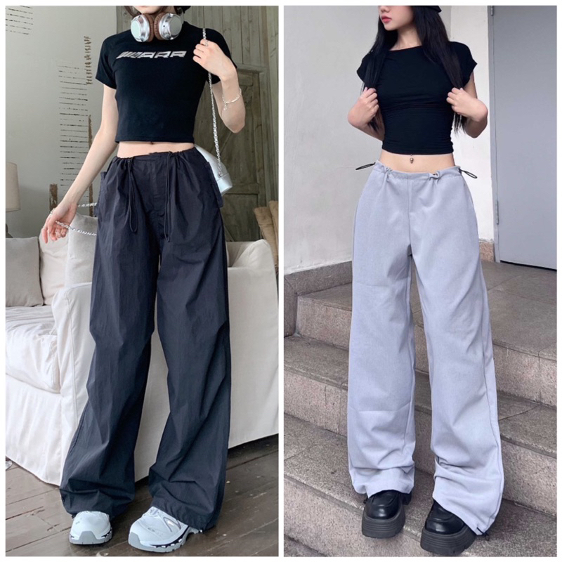 Quần jogger kaki lưng thun có dây rút parachute màu đen/xám ghi ống suông form nam nữ unisex, chất vải dù kaki jaystoree