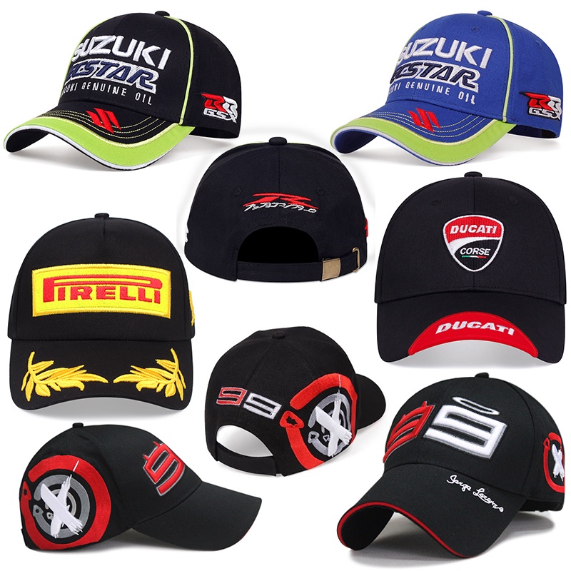 Topi ñ子 {hàng sẵn có mũ đi mô tô S} Mũ đua bóng chày phi giới tính mũ MARQUEZ/Suzuki/Pirelli Mũ Lorenzo chữ ký vr99 thêu moto. GP mũ đi mô tô cho nam và nữ