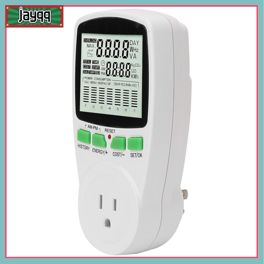 JAYQQ Màn hình LCD kỹ thuật số Máy theo dõi sử dụng điện 0-15A 0,000KWh-9999KWh Đồng hồ đo năng lượng Công tơ điện Tiết kiệm năng lượng Ổ cắm đồng hồ đo điện Màn hình tiêu thụ điện năng