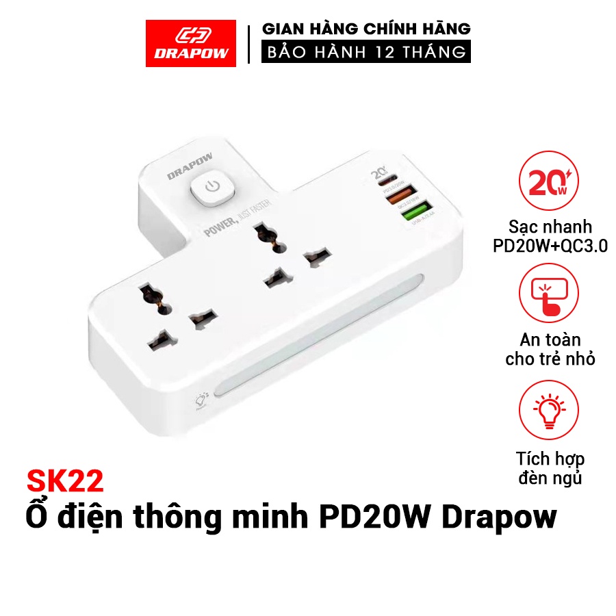 Ổ điện thông minh DRAPOW SK22 Sạc nhanh USB-C 20W PD cổng QC 3.0 18w ,2 ổ 220v IP 11 12 pro max x xs