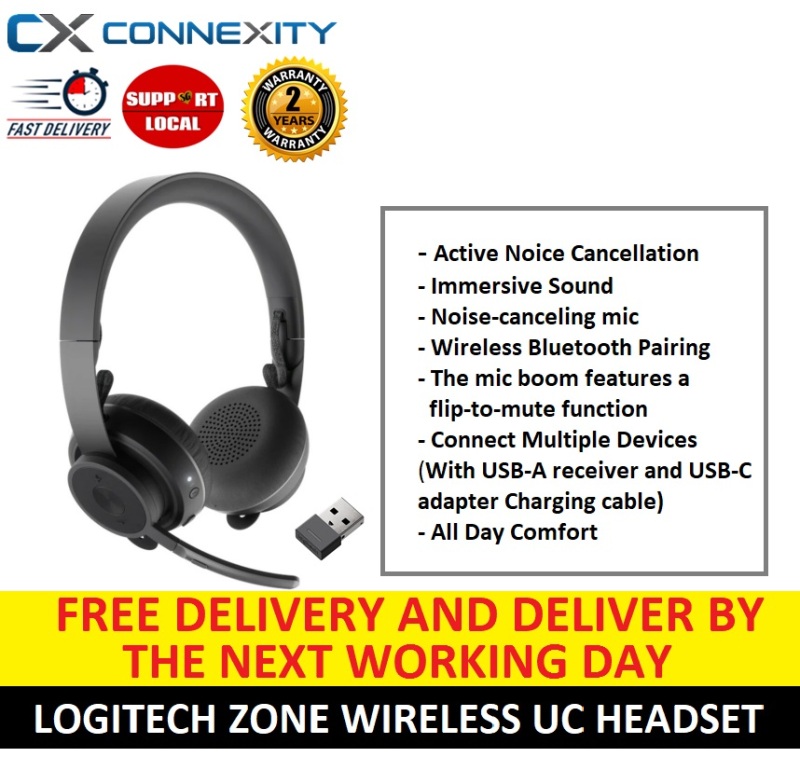 Logitech Zone Wireless UC Headset | 981-000915 | Noise Cancelling Headset with Microphone l Logitech Zone Wireless l Logitech Headset with Mic l Logitech Noise Cancelling Headset l Logitech Wireless Headset l 5012959 Singapore