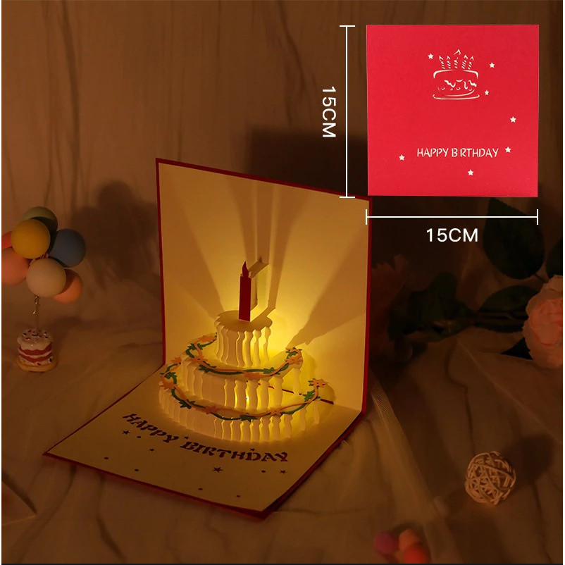 3d Musical Birthday Cake Card Led Light Pop-up Greeting Cards With Envelope For All Occasion
